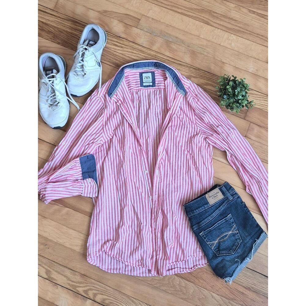 Zara Coral Pink and White Striped Relaxed-Fit Shirt with Denim Trim